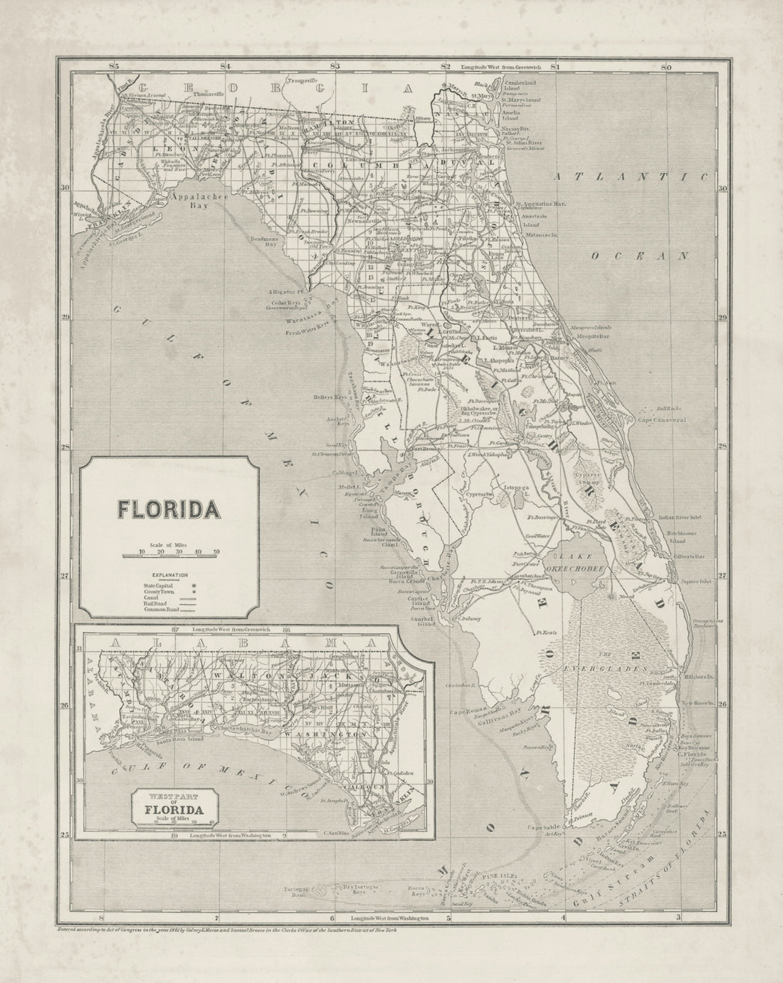 An old map of florida with inset map.