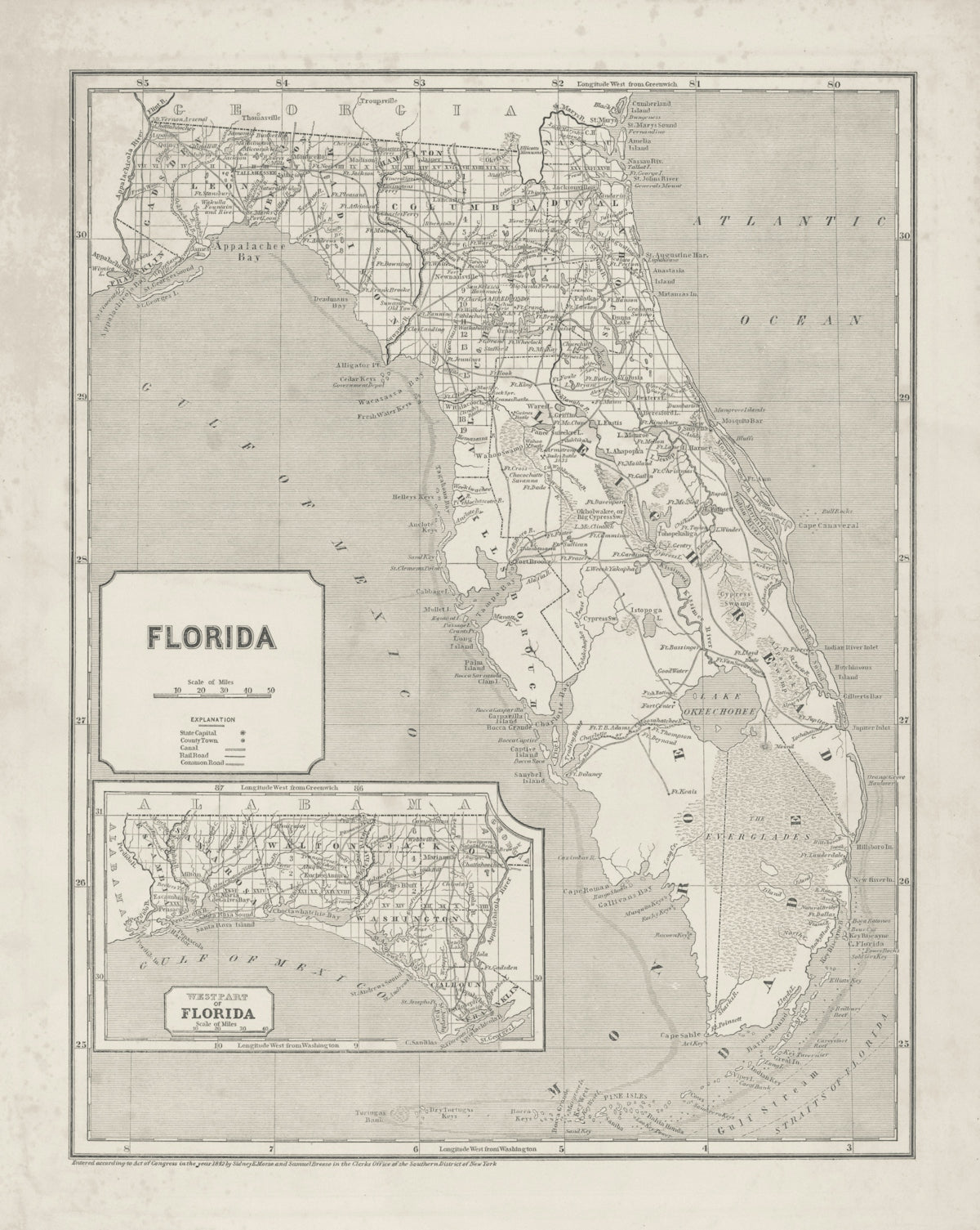 An old map of florida with inset map.