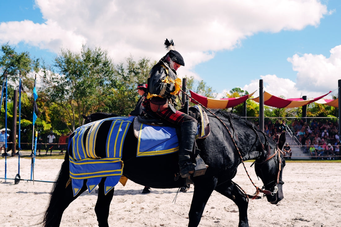 A man riding on the back of a black horse