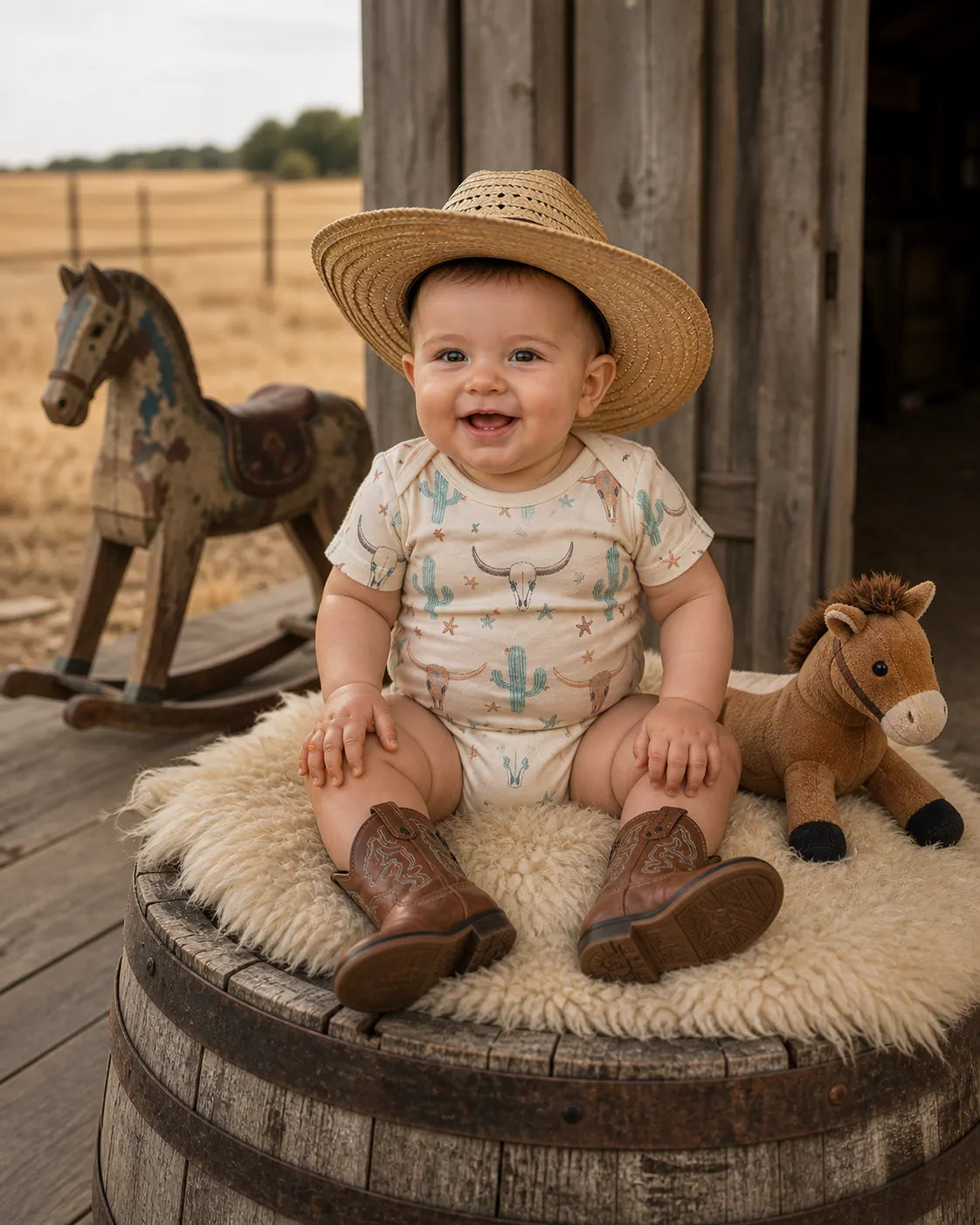 Smiling baby in a Western onesie, straw cowboy hat, and brown boots