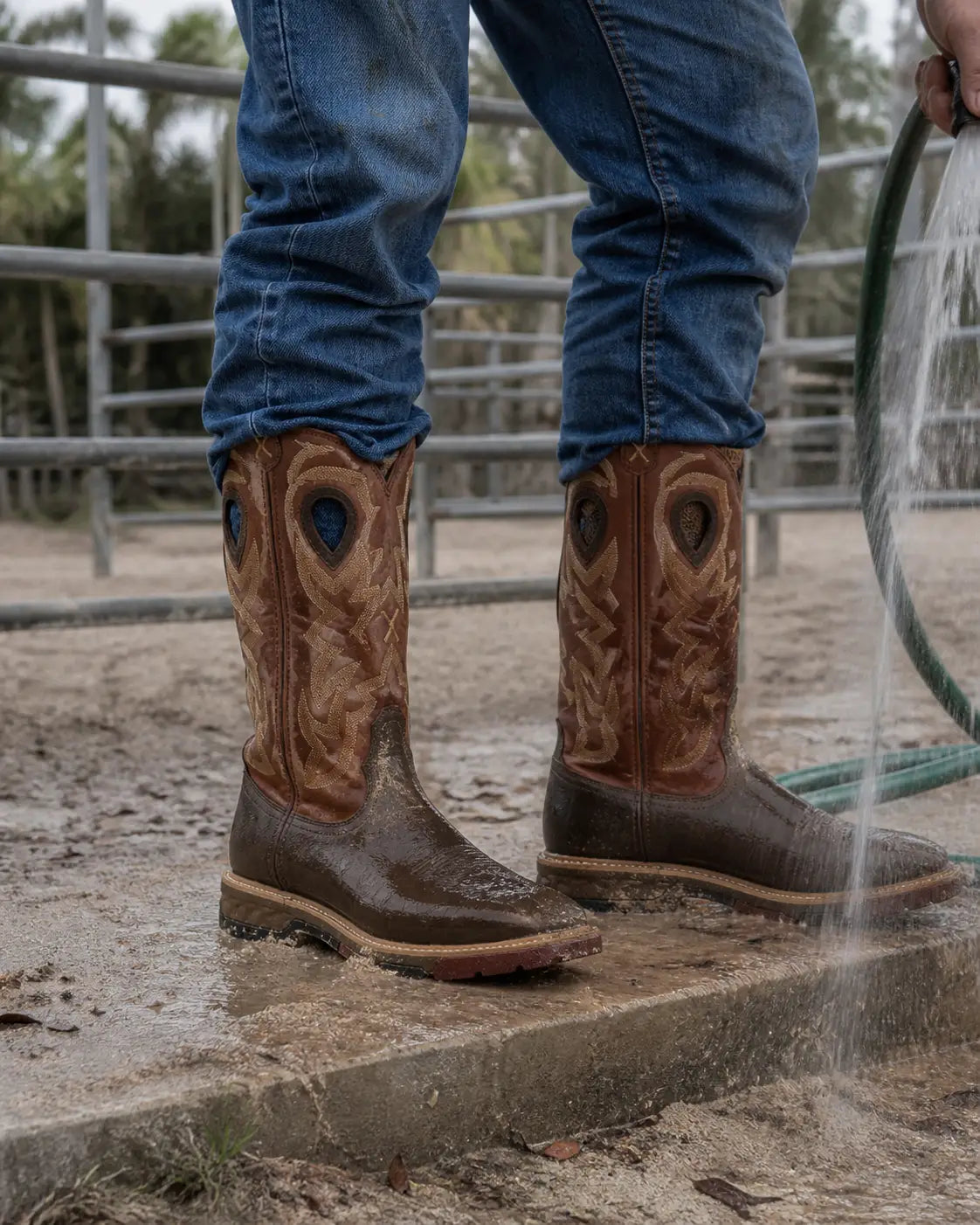 Waterproof brown Western work boots being rinsed at a Florida ranch wash rack