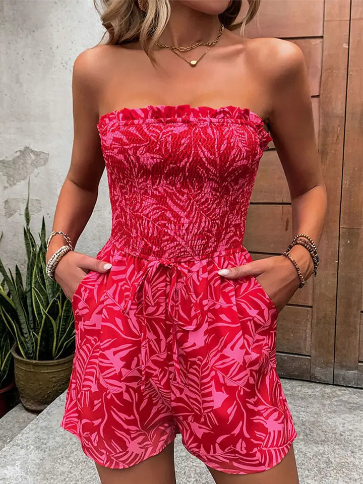 One-Line Shoulder Elastic Print Top Up Jumpsuit