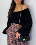 Black Crop Top Balloon Sleeve Straight-Neck Shirt