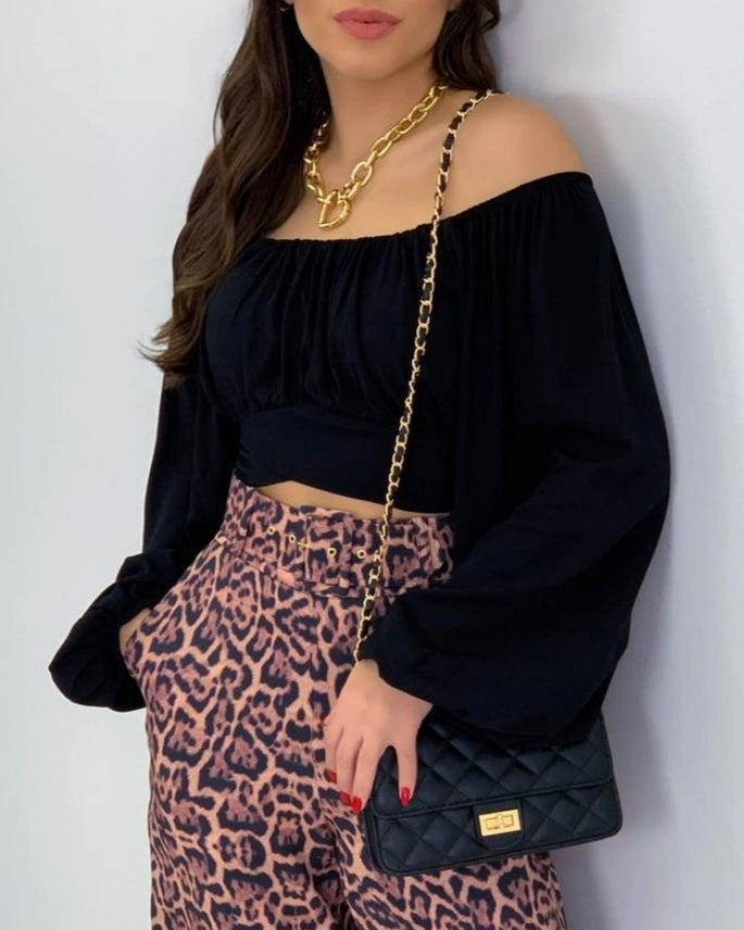 Black Crop Top Balloon Sleeve Straight-Neck Shirt