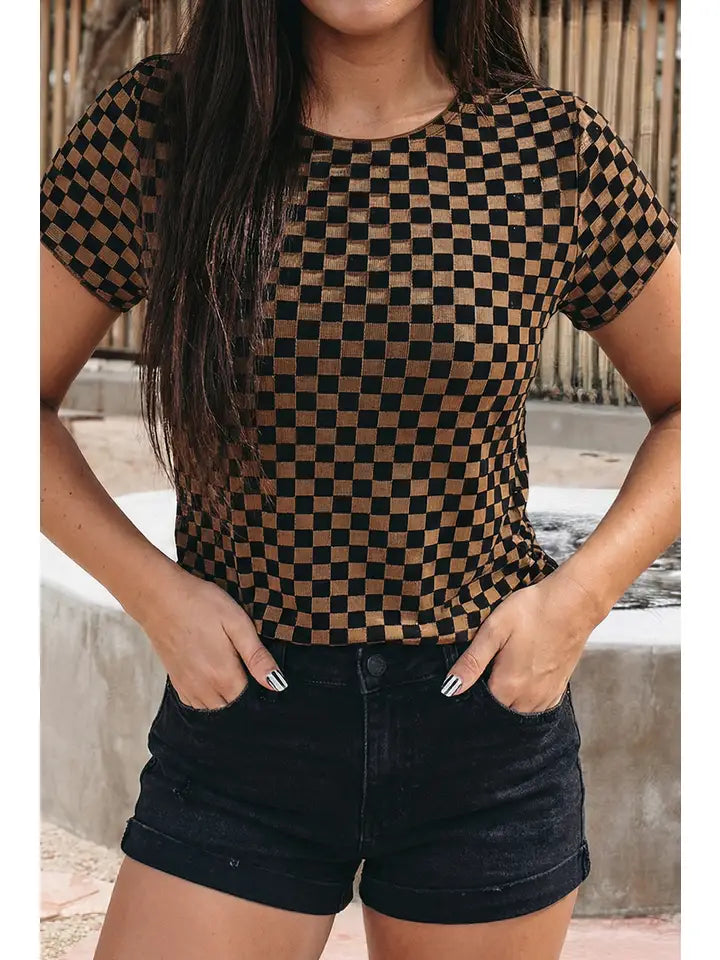 Checkerboard Round Neck Summer T Shirt