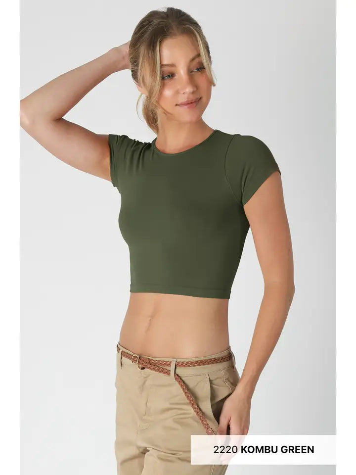 Green Jersey Crew Neck Crop Tee