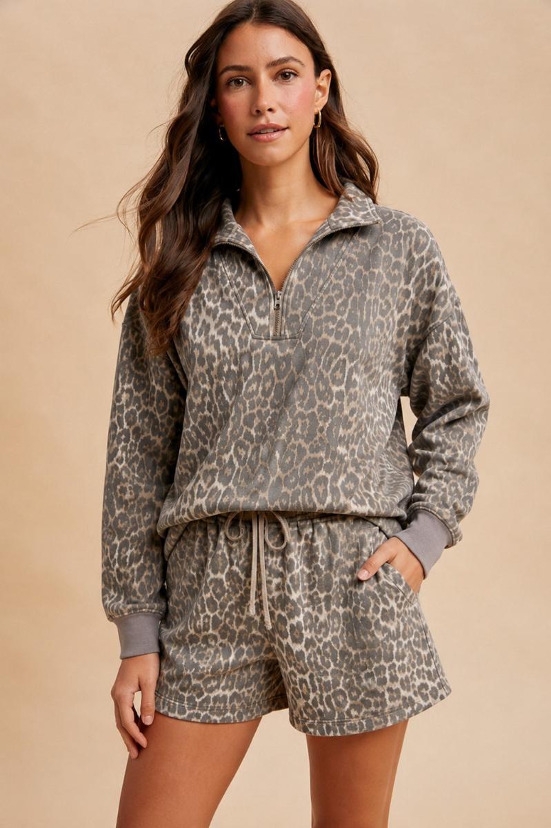 ODDI Women's Leopard Printed Terry Top & Shorts Set