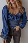 Dark Blue Smocked denim Blouse
