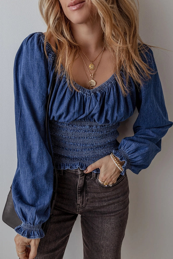 Dark Blue Smocked denim Blouse