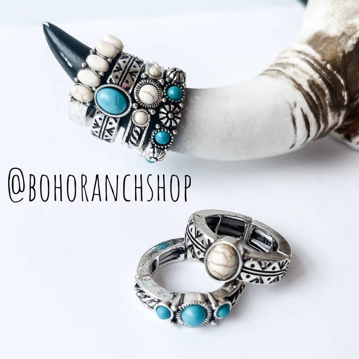 Western turquoise and white stretch ring style view 2