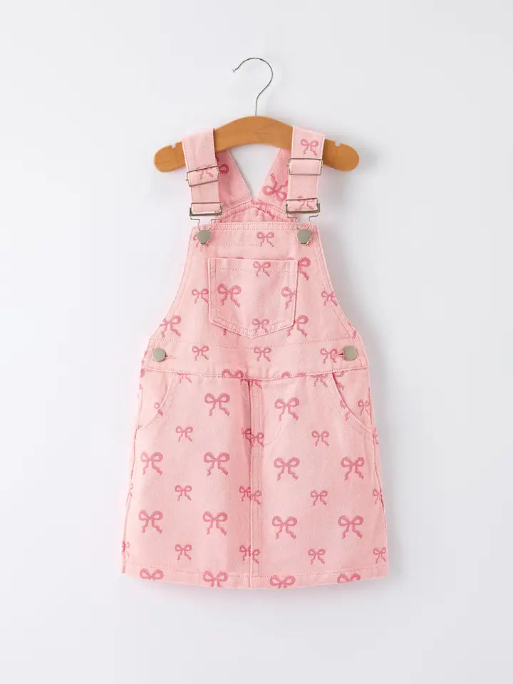 Pink Bow Denim Overall Dress