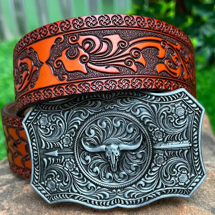 Demask Stencil Print On Red Tone Belt with Longhorn Arrown