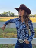 Pullover Button Up Sapphire and White Paisley