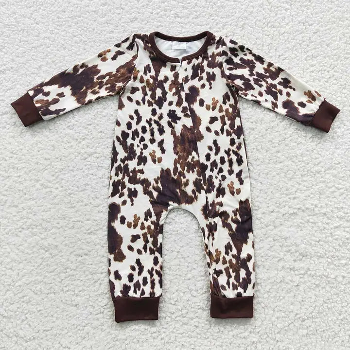 Baby girls' brown cowhide-print long-sleeve zip romper