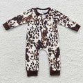 Baby girls' brown cowhide-print long-sleeve zip romper