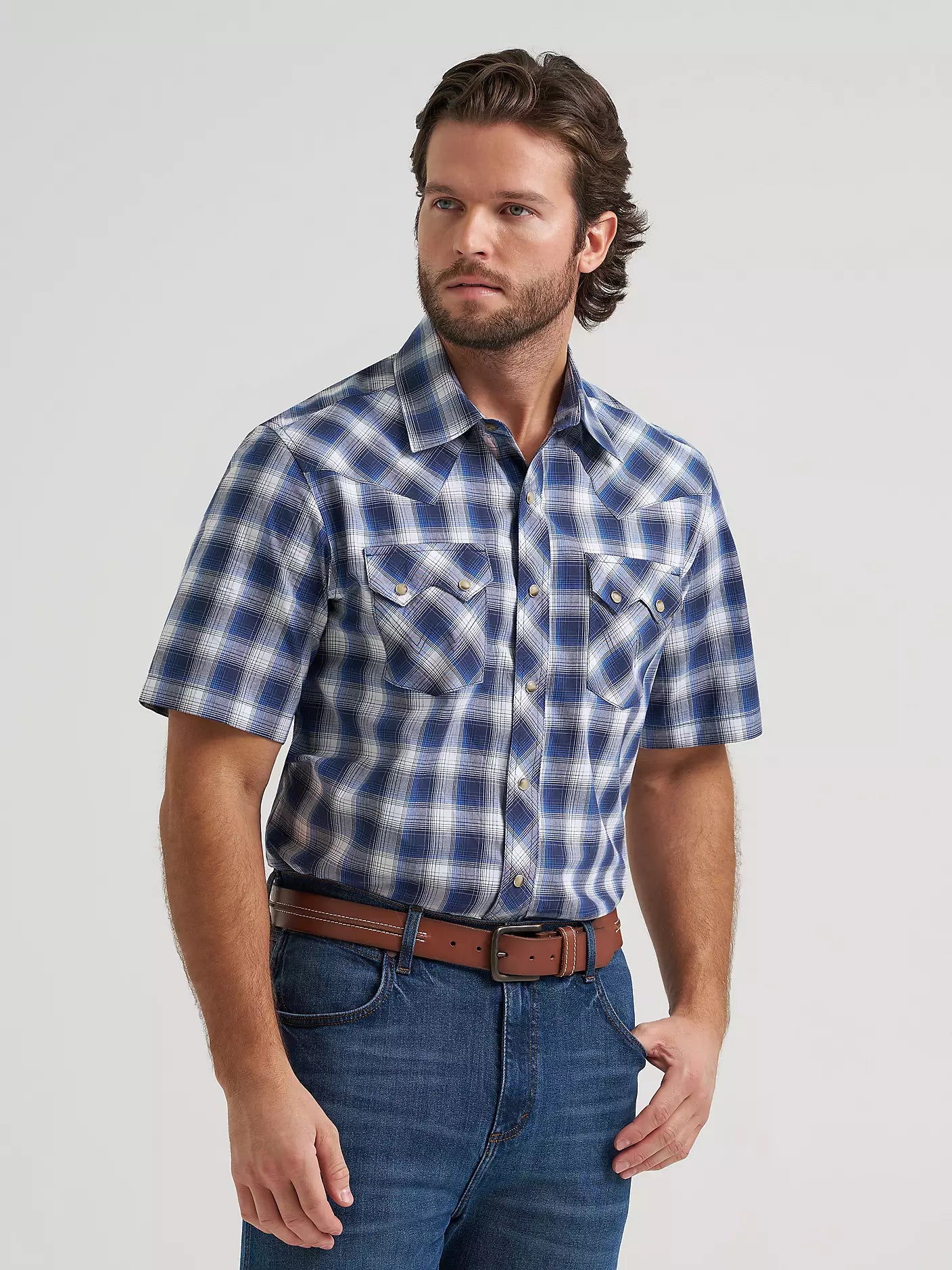 Men's Wrangler Retro® Short Sleeve Sawtooth Plaid Blue