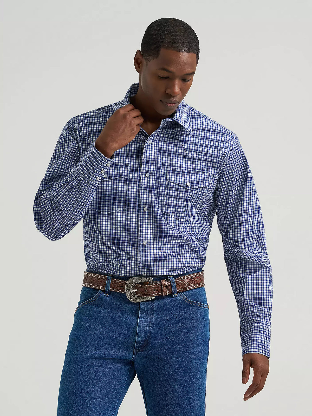 Wrangler Men's Wrinkle-Resist Western Snap Plaid Shirt – Slate Blue