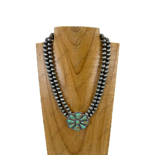 16'' double silver Navajo pearl beads strings with flower concho Necklace