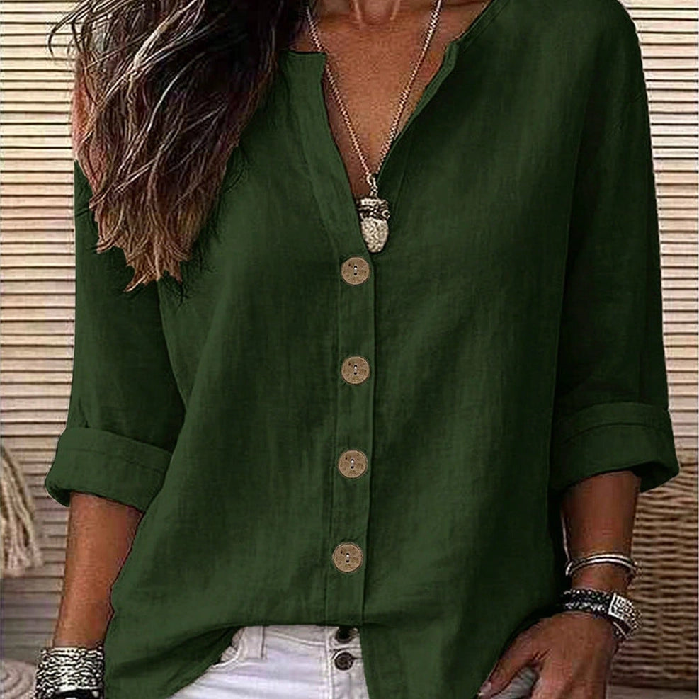 Suhkasana Women's V-Neck Button-Front Relaxed Fit Blouse