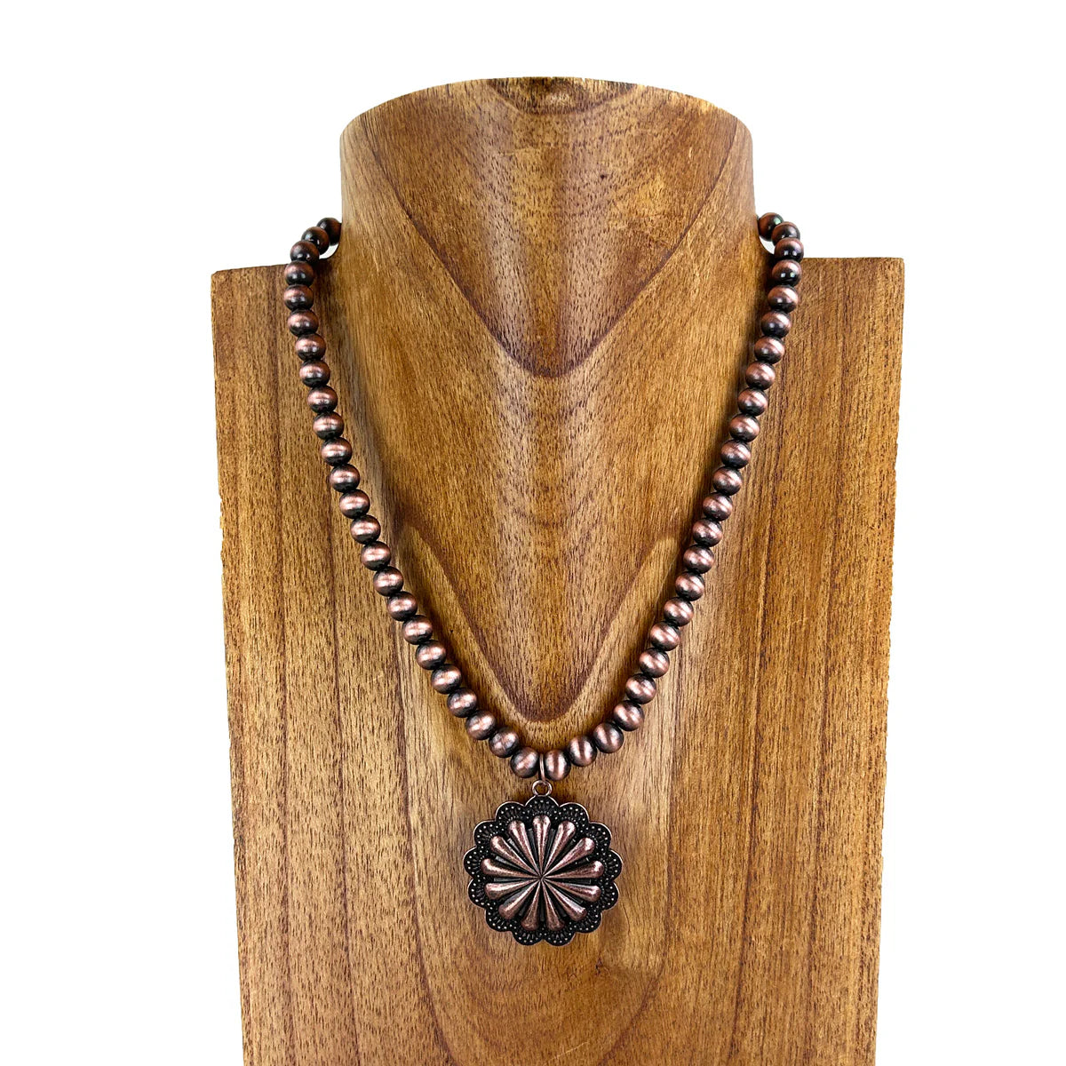 17 inches 8mm Copper Navajo pearl necklace with Copper flower Pendant"
