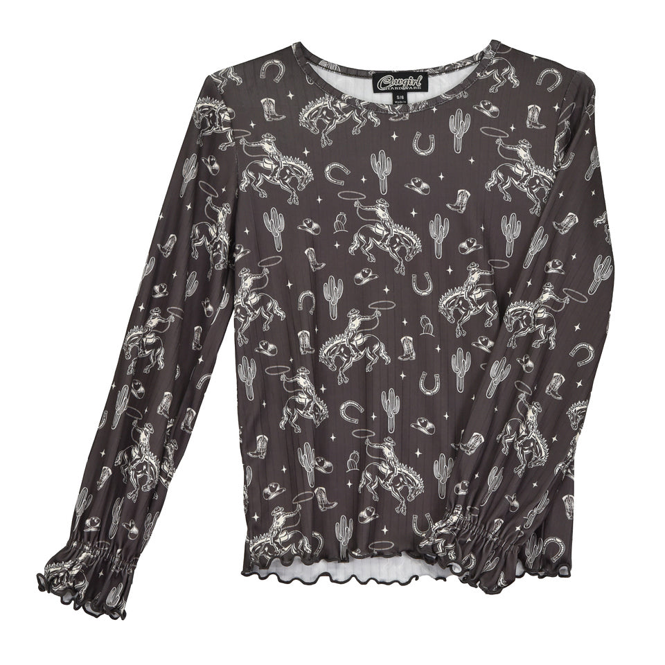 Youth Girls’ Cowgirl Hardware Buck N’ Boots Long-Sleeve Crew Top
