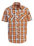 Men's Orange Pearl Snap Button Down Plaid Short Sleeve Western Shirt