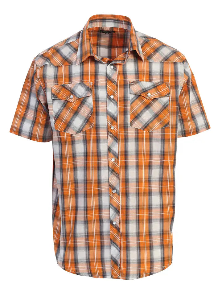 Men's Orange Pearl Snap Button Down Plaid Short Sleeve Western Shirt