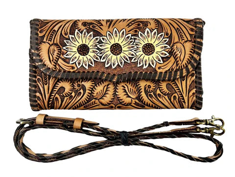 Sunflower Tooled Laced Leather Wallet Crossbody Bag 18RSH38