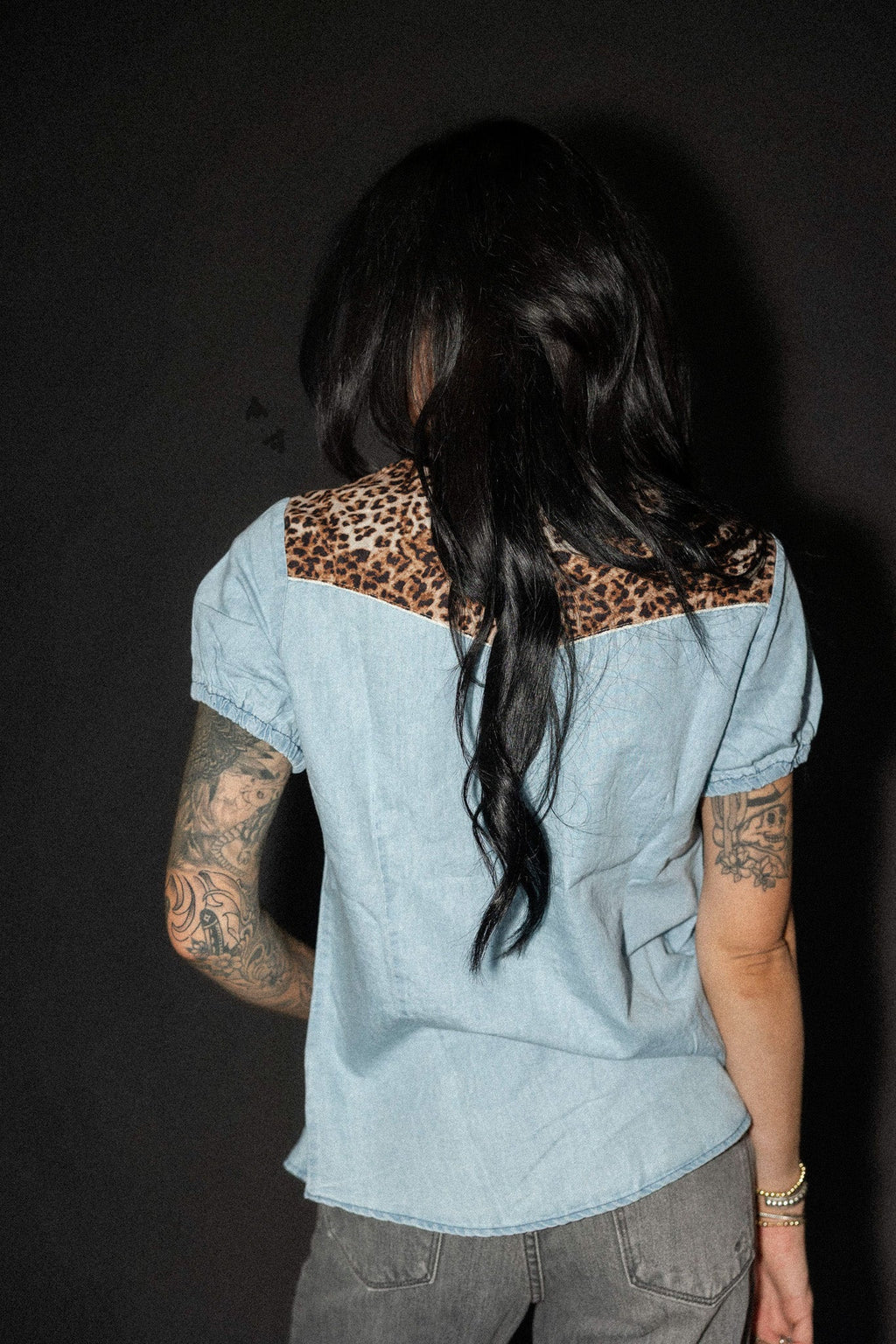 2 Fly Co Ranch Kitty denim and leopard top view 6