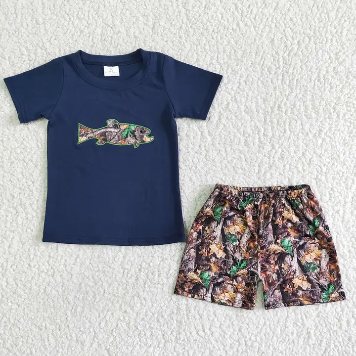 Boys' navy shirt with an embroidered camouflage fish and matching woodland-camouflage shorts