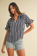 Striped V-Neck Ruffle Sleeve Blouse Navy