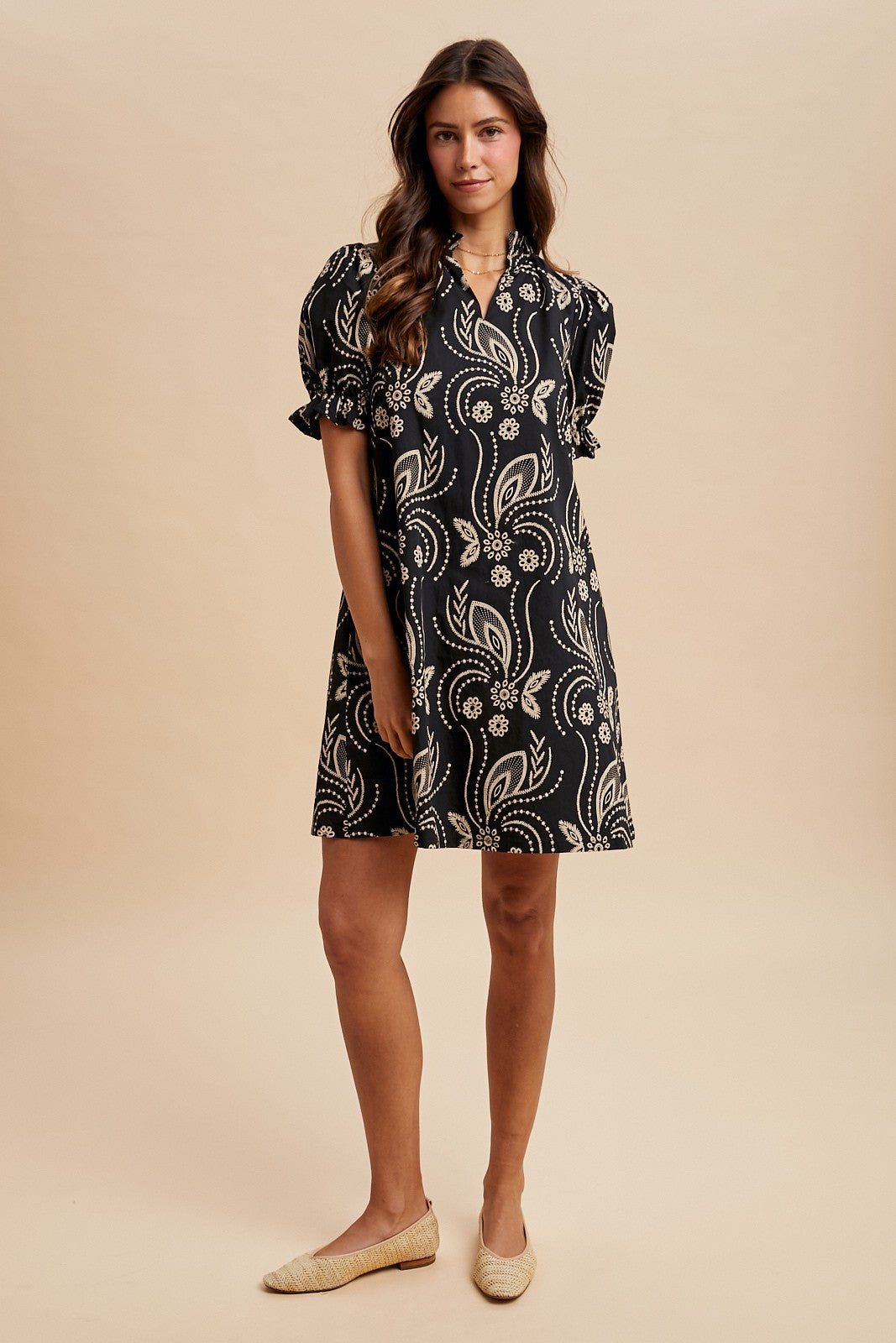 Floral Paisley Eyelet Print A-Line Mini Dress Black/Taupe
