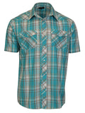 Men's Blue, White, &amp; Red Pearl Snap Button Down Plaid Short Sleeve Western Shirt