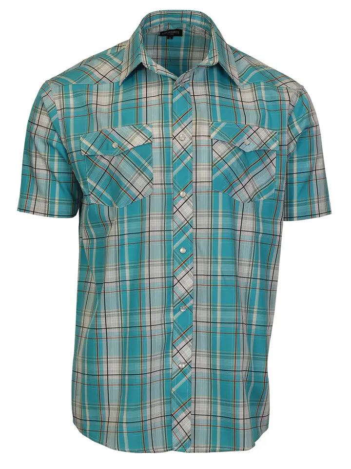 Men's Blue, White, &amp; Red Pearl Snap Button Down Plaid Short Sleeve Western Shirt