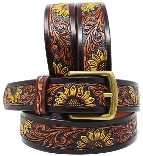 Sunflower Tooled Leather Belt 26FK09