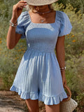 Blue Puff Sleeve Smocked Romper