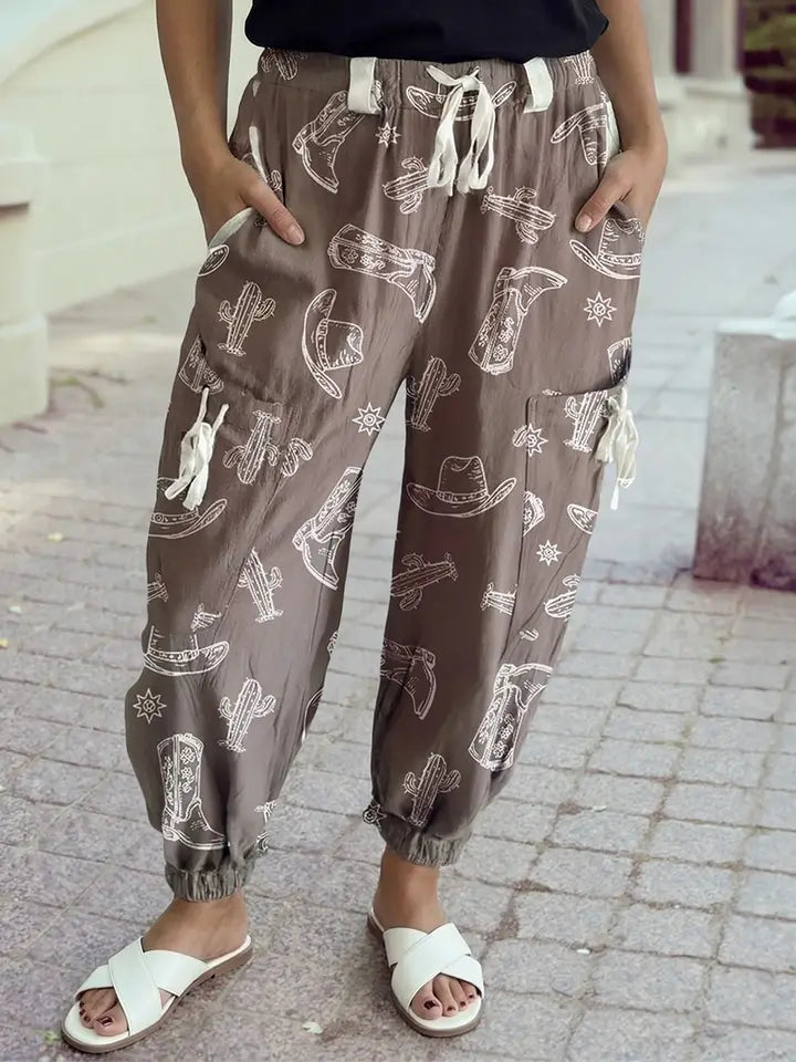 Cowgirl Hat Boot Printed Vintage Drawstring Jogger Pants