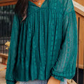 Evergreen Sheer Lace Balloon Sleeve Babydoll Blouse
