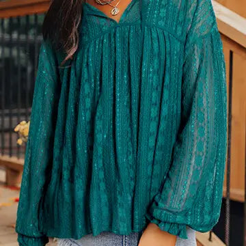 Evergreen Sheer Lace Balloon Sleeve Babydoll Blouse