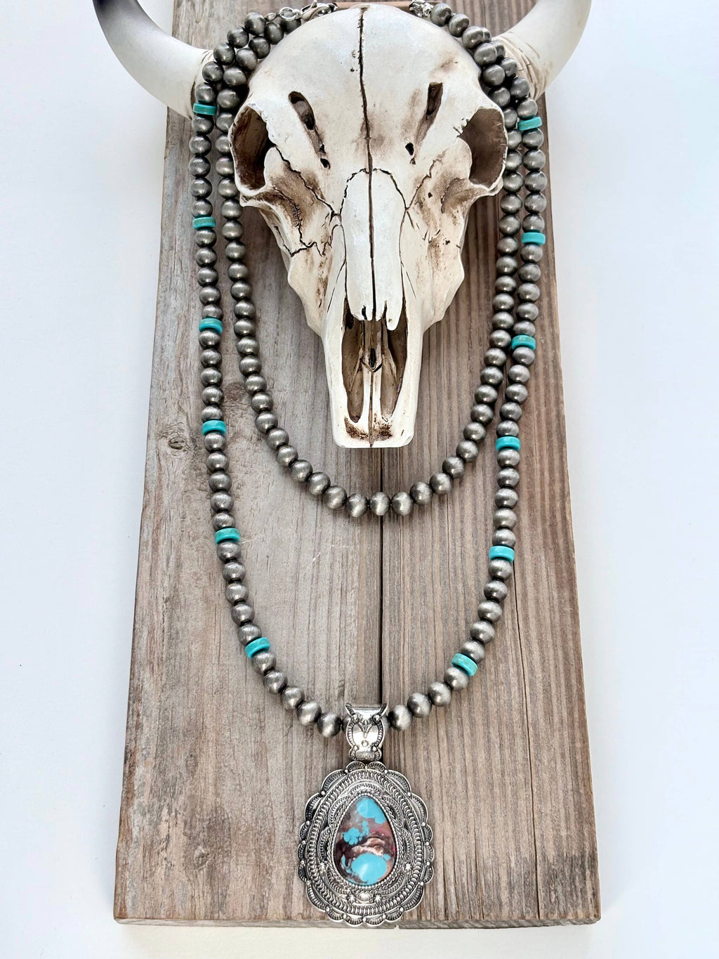 2pc Navajo Pearl Turquoise Stone Pendant Necklace Set, supplier view 3