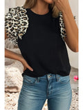 Knit Contrast Leopard Ruffled Sleeve Womens Loose Top