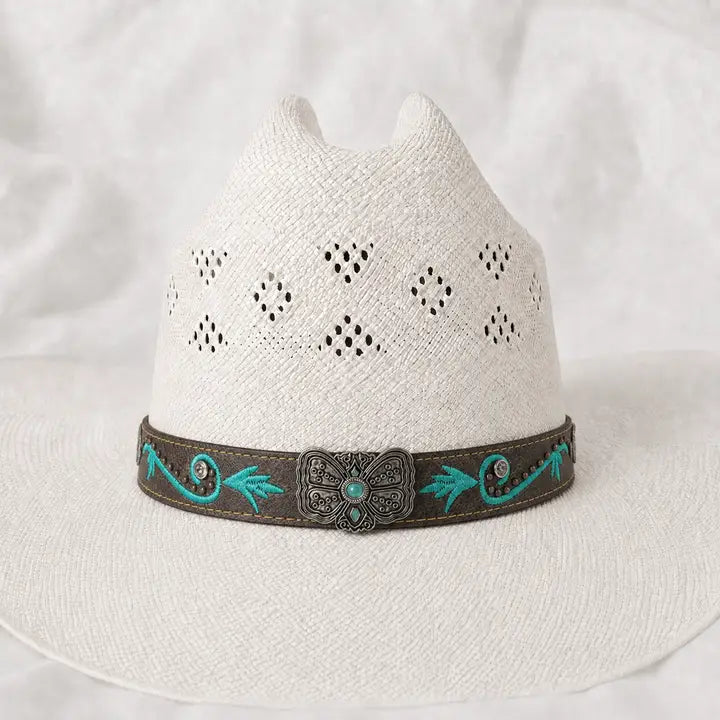 Turquoise Embroidered Western Butterfly Cowboy Hat
