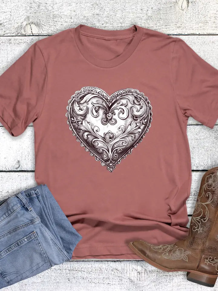 Valentine Western Silver Concho Heart Graphic Tee