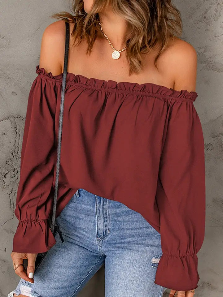 Wine Pullover Off-Shoulder Chiffon Shirt