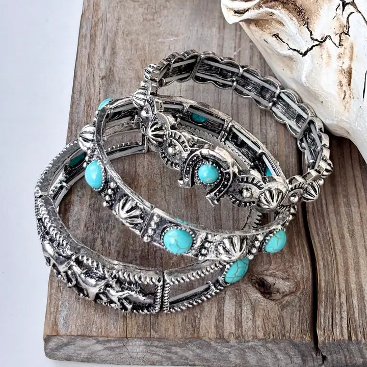 3pc Western Style Turquoise Stone Bangle Bracelet Set
