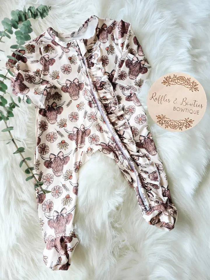Baby Girls Sleeper Jumpsuit - Highland Floral Cow Western