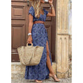 Women's Floral-Print V-Neck Short-Sleeve Dress – Blue