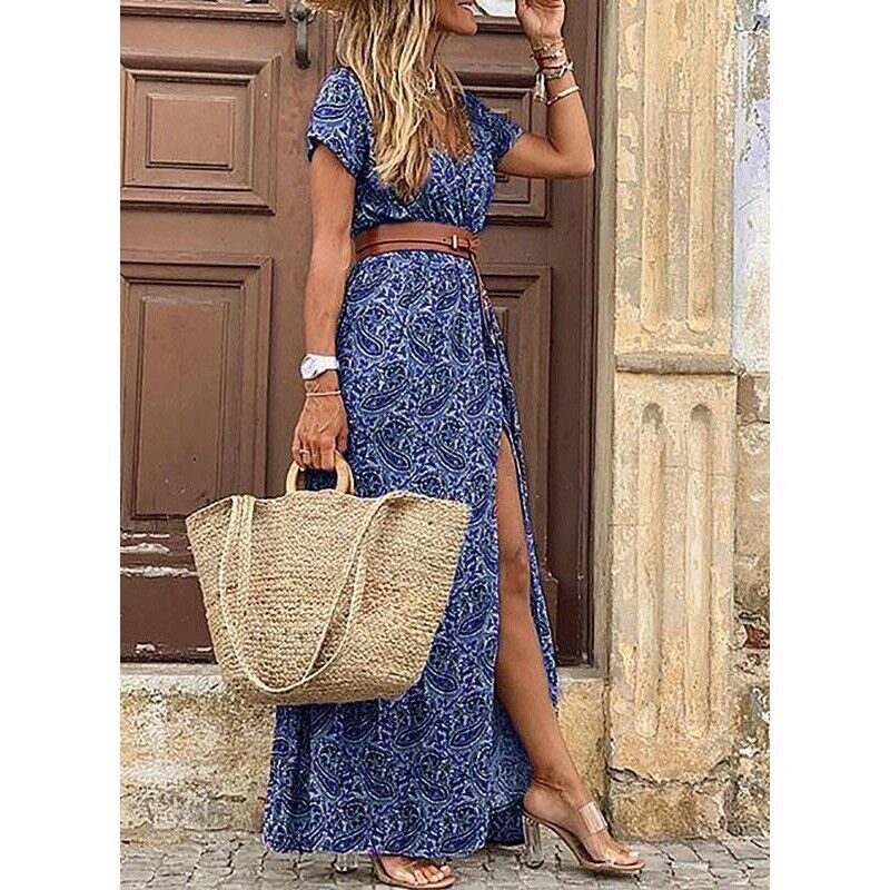 Women's Floral-Print V-Neck Short-Sleeve Dress – Blue
