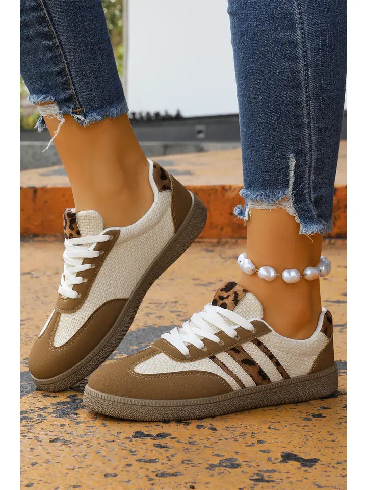 Las Color Block Leopard Patchwork Lace-Up Flat Shoes