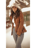 Ladies poly faux leather fashion jacket with plate and knit trim and hood